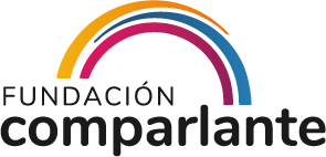 logo Fundación Comparlante. Logo compuesto por tres líneas curvas en colores amarillo, azul y magenta, las cuales forman un puente. Debajo, en letras color negro se lee Fundación Comparlante.