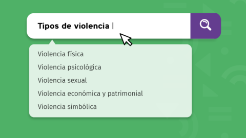 En la imagen se observa la ilustración de un buscador de internet, en donde se consulta: "Tipos de violencia". De él se despliegan: Violencia física. Violencia psicológica. Violencia sexual. Violencia econónica o patrimonial. Violencia simbólica.